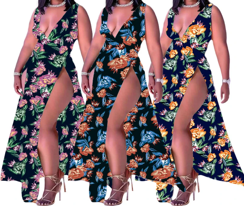 

2022 Long Dress Sexy Holiday Print Straps Backless Summer Party Dress Women High Waist Split Maxi Dresses V-neck Beach Vestidos
