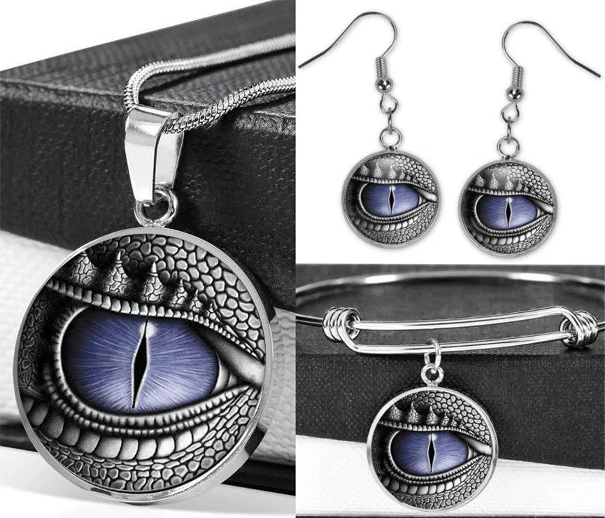 

Dragon Eye Necklace Earrings Stainless Steel Adjustable Bracelet Bangle Jewelry Sets（Totally 4Pcs) Women's Fashion Jewelry