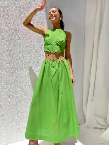 

Fashion Green Linen Dress For Women 2023 Spring O-Neck Hollow Out Sexy Long Dresses Elegant Lace-Up A-Line Dress Vacation