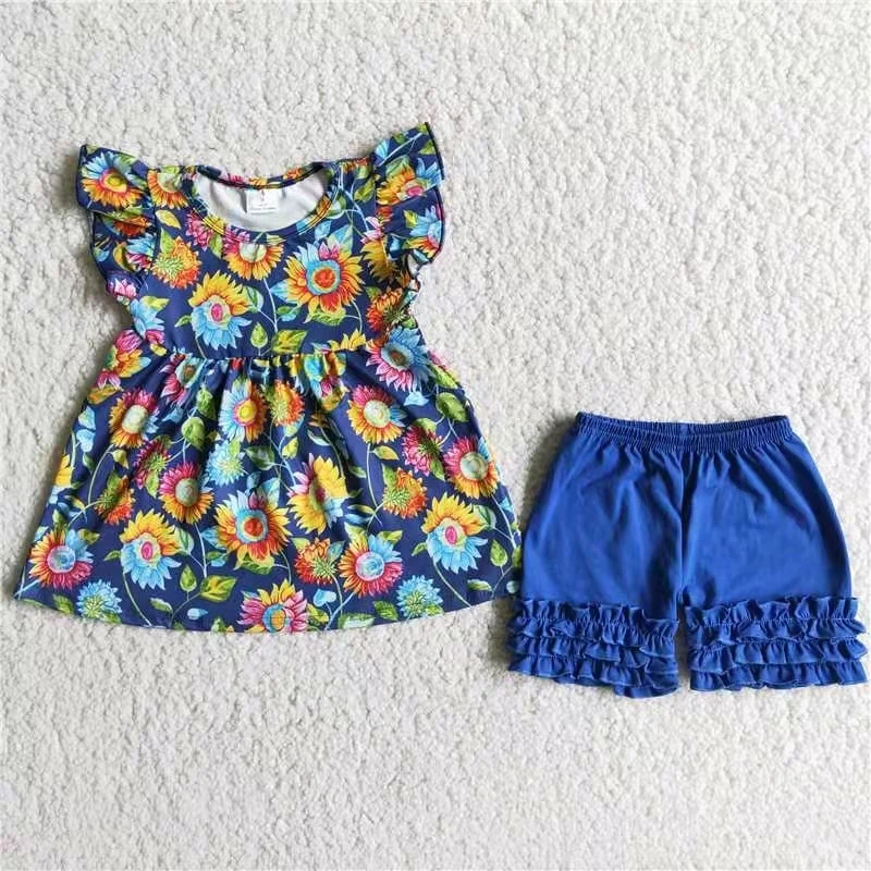 

new arrival summer children jogger outfit organic cotton girl sports suit flutter sleeve floral top and royal blue shorts outfit