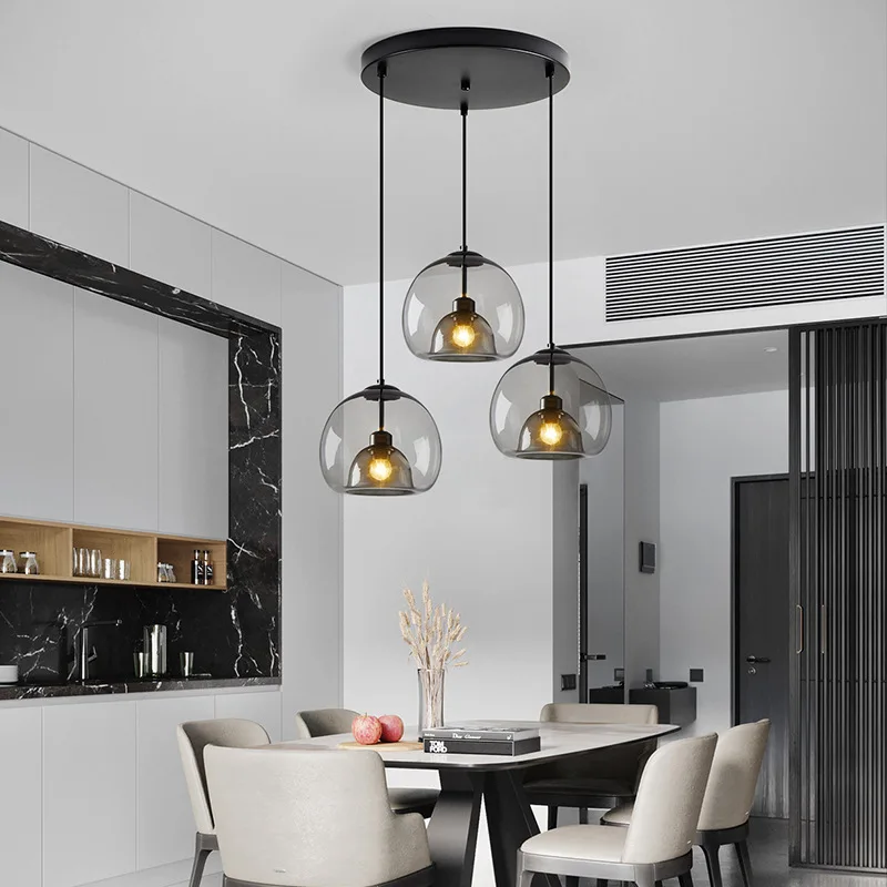 

Gray Glass Pendant Light for Kitchen Island Chandelier For Living Room Dining Room Hanging Lamps Nordic LED Smoke