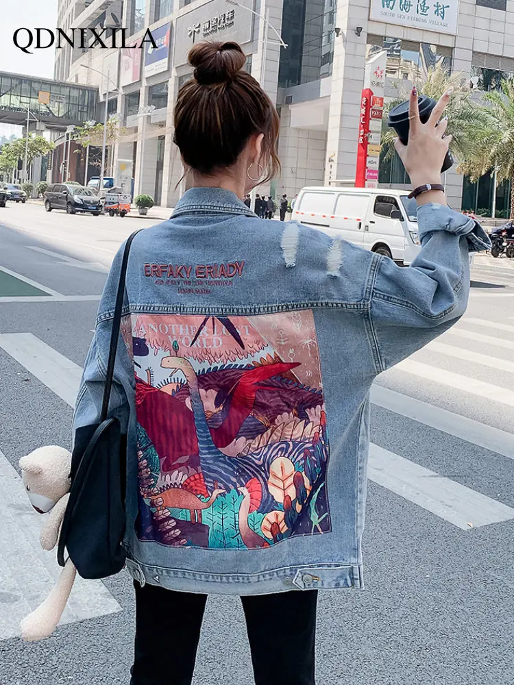 

Women's Spring Jackets 2023 New Outerwear Cartoon Pattern Ripped Coat Loose Wash Denim Jacket Woman Big Size Women's Clothing