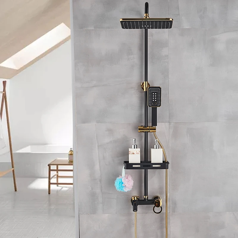 

Black gold Shower Faucet Set Bathroom Rainfall Shower Kit with shelf Wall Mounted Swivel Tub Spout Hot Cold Mixer Tap