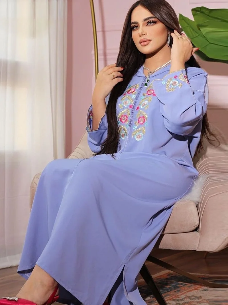 Morocco Muslim Hooded Dress Abayas for Women Hoodie Dress Ethnic Embroidered Button Vestidos Kaftan Long Sleeve Arab Ladies Robe