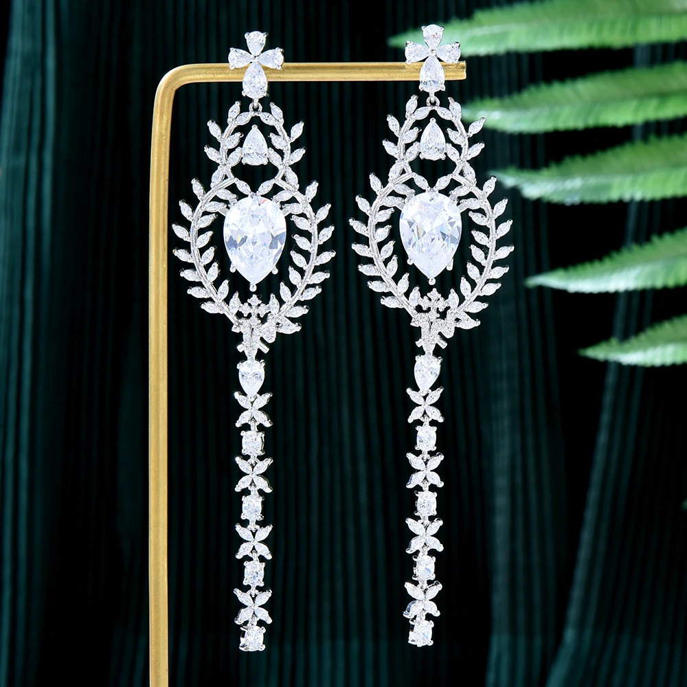 Женские длинные серьги SisCathy, роскошные серьги-подвески в виде оливковой ветки с фианитами, Ювелирное Украшение для женщин