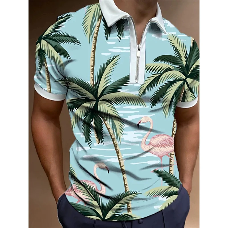 

Summer Men's Matching Clothes Polo Shirts Street Casual Olive Tree Short Sleeve Tee Men Turn-Down Collar Zipper Polos Shirt Tops