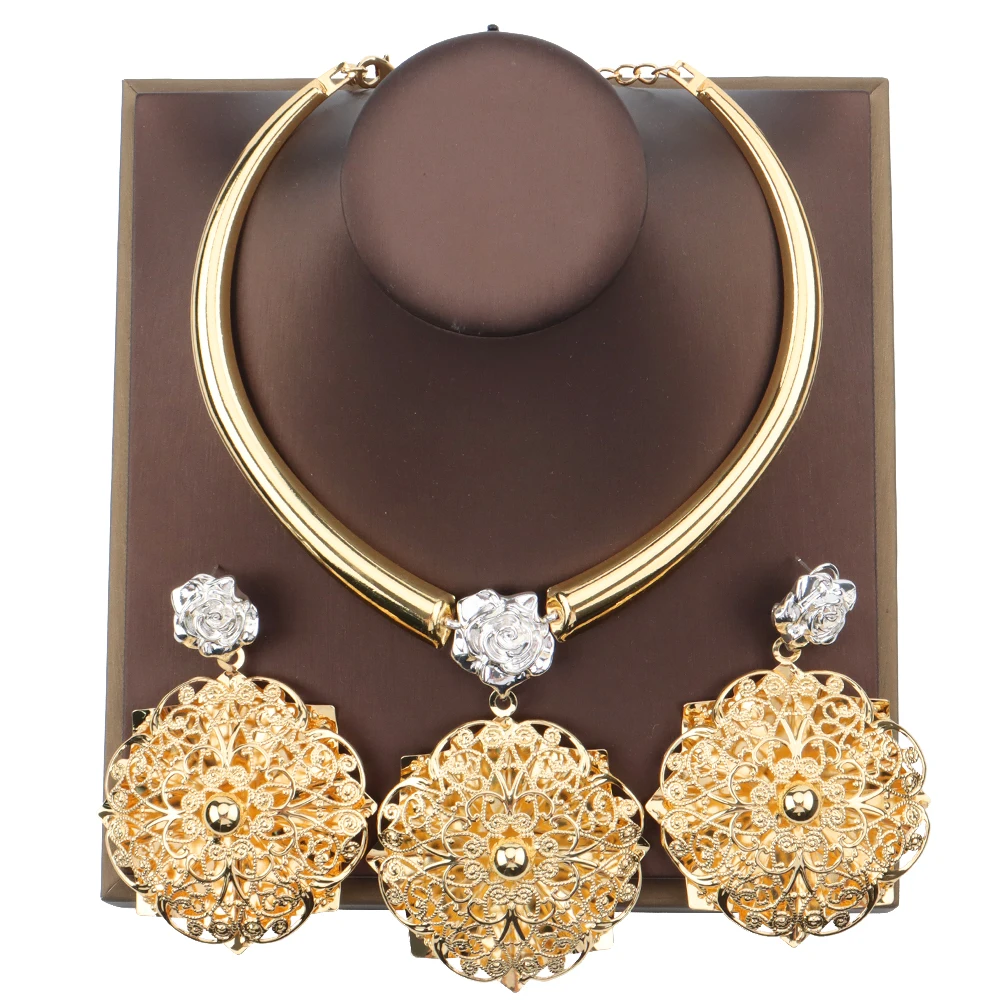 

Dubai Gold Plated Jewelry Set for Women Large Flower Pendant Necklace and Earrings Bridal Jewelry Set for African Brazilian