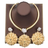 dubai gold plated jewelry set for women large flower pendant necklace and earrings bridal jewelry set for african brazilian