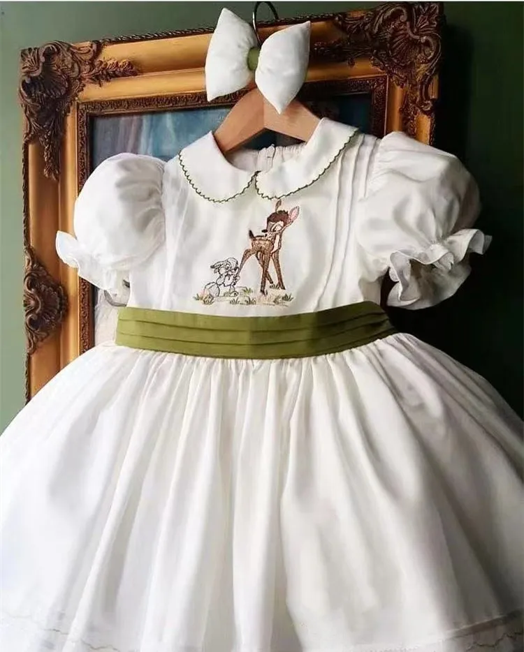 

0-12Y Baby Girl Summer White Deer Embroisery Vintage Spanish Princess Ball Gown Dress for Christmas Eid Causal Birthday Baptism