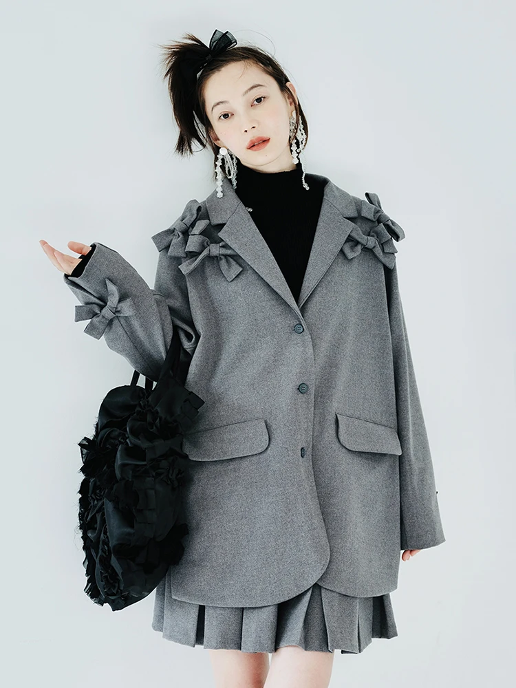 Imakokoni's original design lapel coat women's autumn and winter bow single breasted solid grey suit commuting
