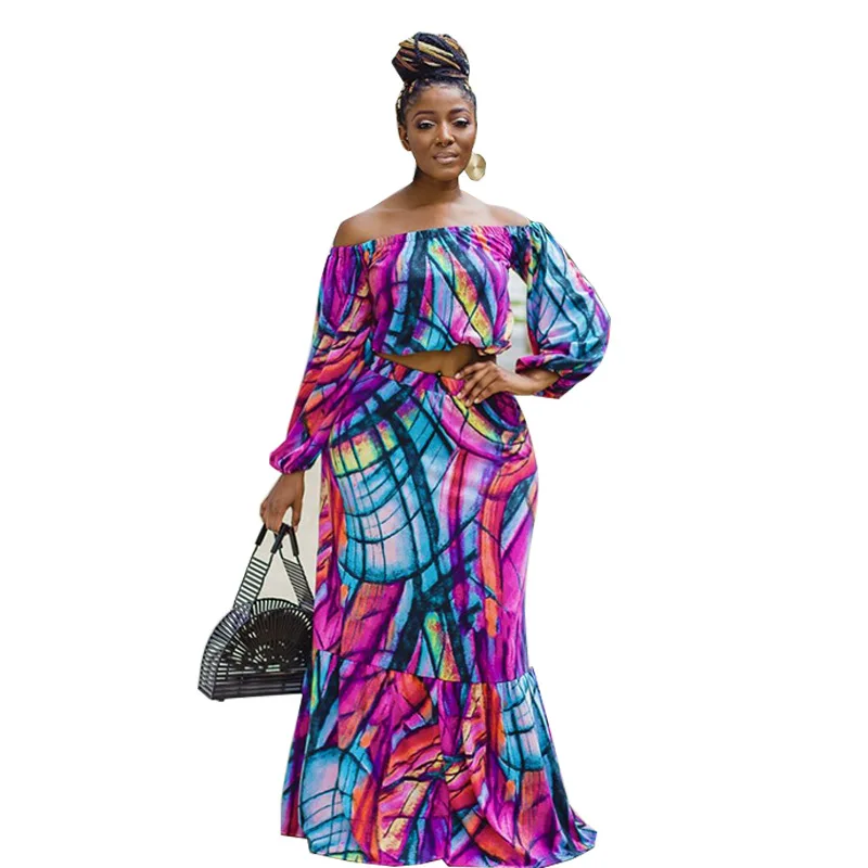 Plus Size Women Sets Off Shoulder Graffiti Print Shirts And Dresses 2022 Autumn Two Piece Sets Fashion Elegant Wholesale Clothes