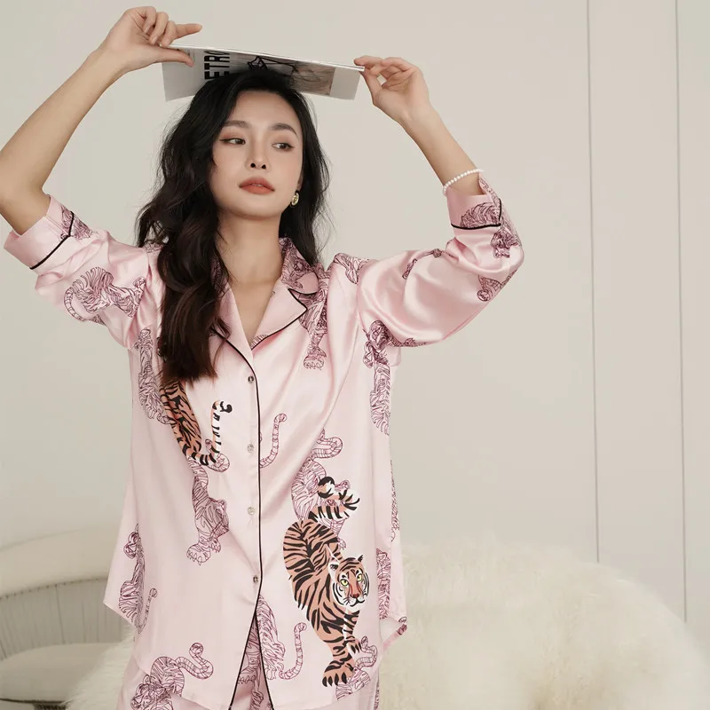 Chic Tiger Print Long Sleeve Pajamas Set For Women Spring Summer Ice Silk Loose Homewear Clothing Lady Sleepwear Night Suits