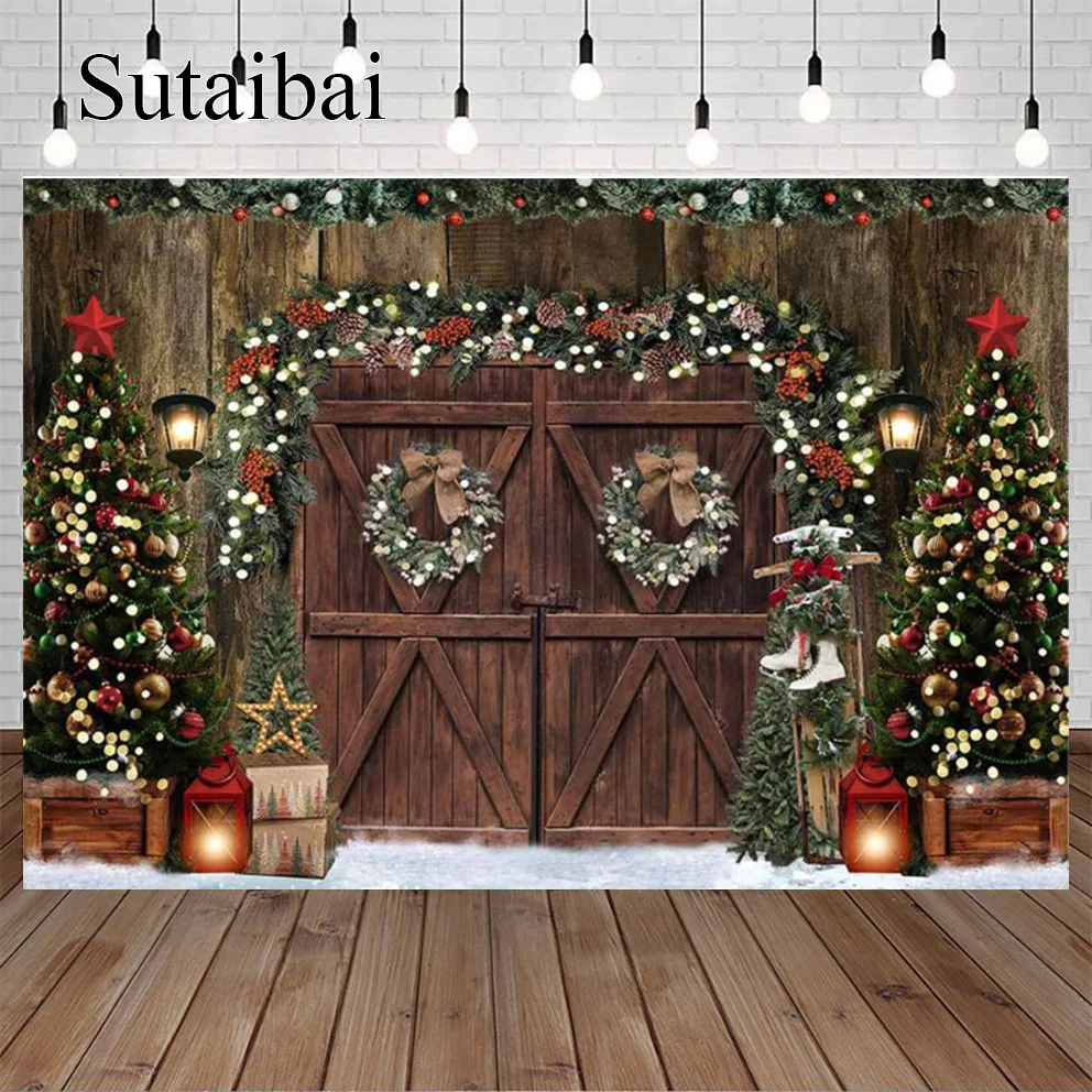 

Wood Door Snow Field Christmas Tree Wreath Photo Background Winter Child Portrait Photography Backdrop Studio Photocall