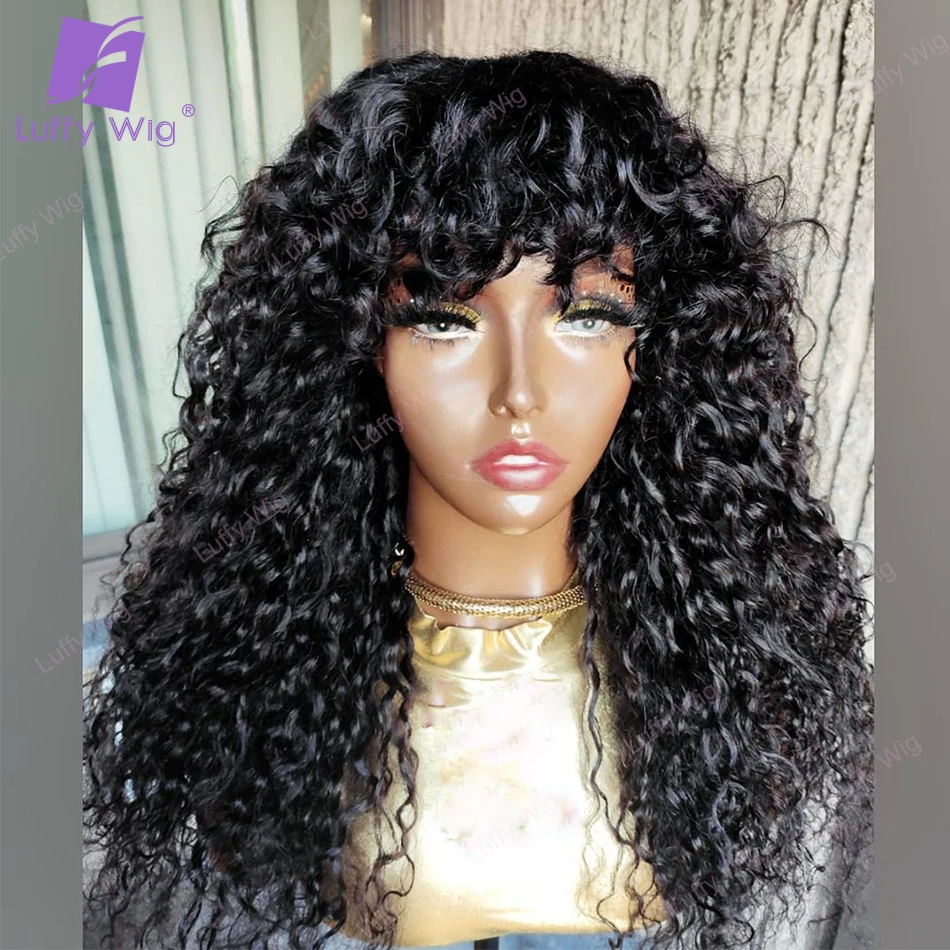 Loose Kinky Curly Wig With Bangs Human Hair Brazilian Remy No Lace Glueless Wigs 200 Density Full Machine Made O Scalp Top Wig