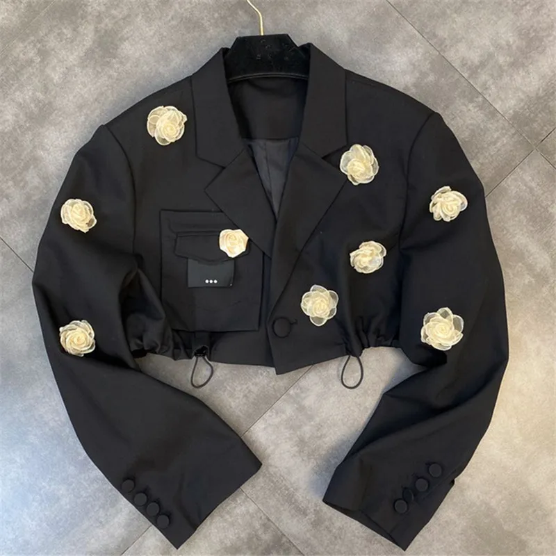 

GetSpring Women Blazer Single Breasted Flower Drawstring Short Ladies Black Suit Coat Fashion Women's Slim Suit Jacket 2022 New