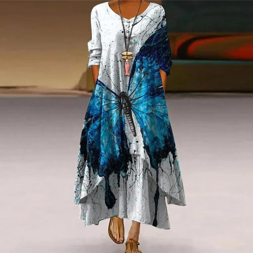 

Fashion Casual Dress O-Neck Pullover Autumn Elegant Bird Floral Printing Loose Maxi Dress Robe Dress Maxi Dress
