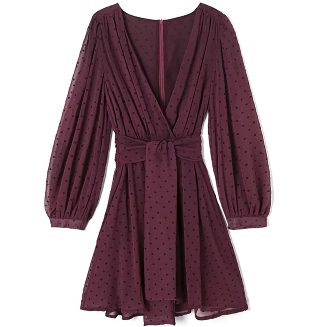 

Withered French Style Fashion Vintage Burgundy Polka Dot Embroidery V-neck Pleated Elegant Dress Summer Party Dress Women Tops