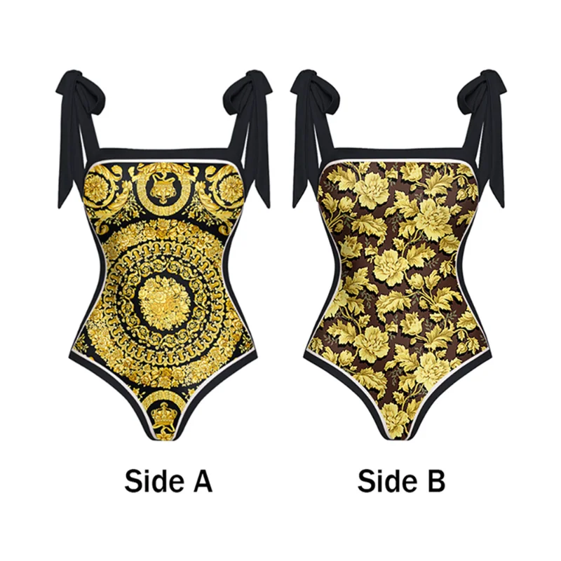 Retro Reversible Bowknot Tie-shoulder One Piece Swimsuit and Sarong Designer Bathing Suit Summer Surf Wear Holiday Beachwear