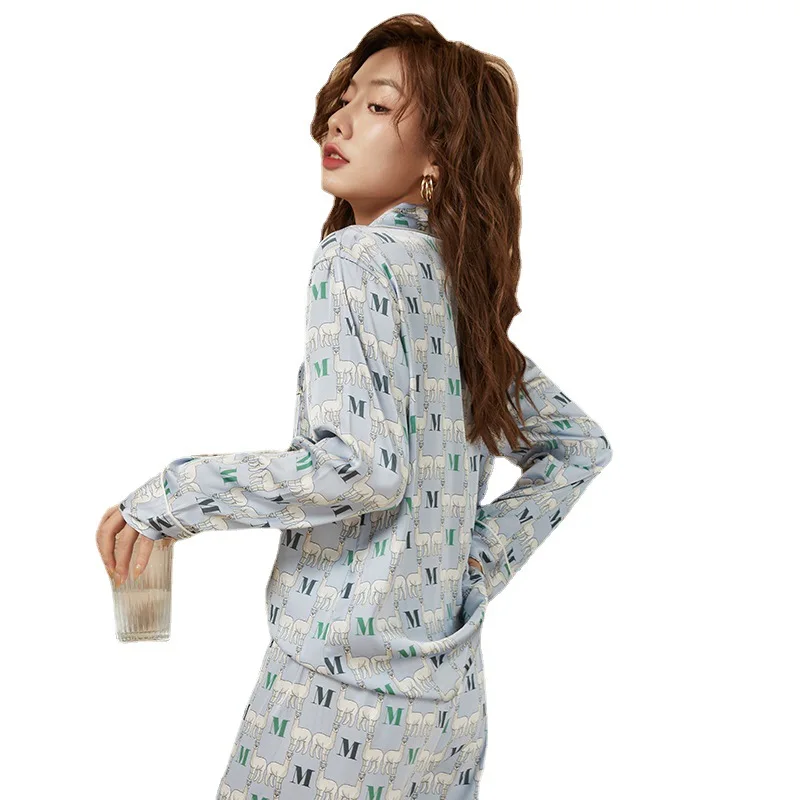 100% Silk Pajamas Women's Summer Ice Silk Long Sleeve Pants Two Pieces Ladies Simple Casual Loose Homewear Luxury Sexy Pjs