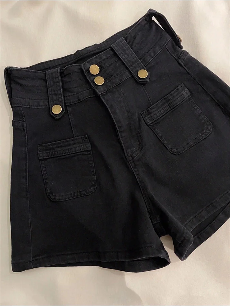 

2023 New Summer Women High Waist Button Wigh Leg Jeans Shorts Casual Female Loose Fit Black Chic Denim Shorts Casual Fashion