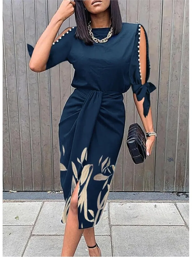 

Za Mini Women Dress Beaded Lace Round Neck High Waist Flower Print Casual Hollow Sleeves Mid-length Casual Split Spring Summer