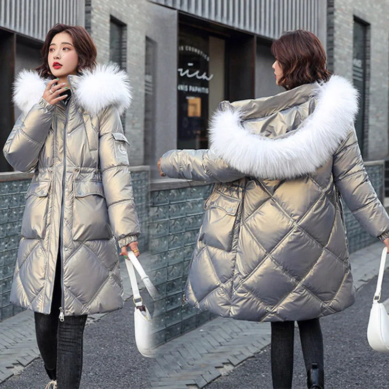 

Женская зимняя куртка 2022, Яркий пуховик с подкладкой, Женская Повседневная Толстая куртка средней длины с капюшоном и меховым воротником