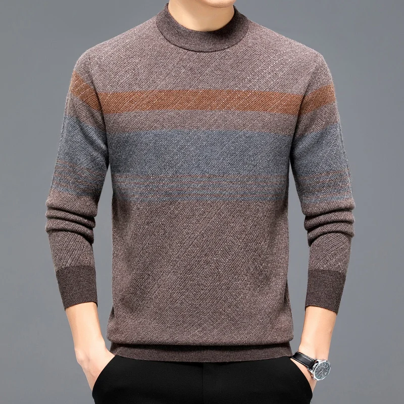 

Pure Cashmere Sweater 100% Wool Men's Half Turtleneck Loose Casual Thickening Striped Jacquard Warm Wool Pullover Sweater