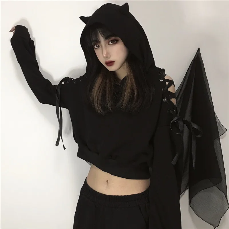 

Short Sweatshirt Women High Waist Loose Hooded Long Sleeve Y2k Bandage Off Shoulder Black Punk Style Crop Tops Pullovers