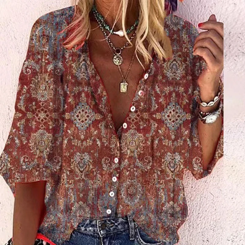 Vintage Printing Women Shirt Stand Collar Three-quarter Sleeve Single Breasted Top Causal Loose Fashion Summer Shirt Female Chic