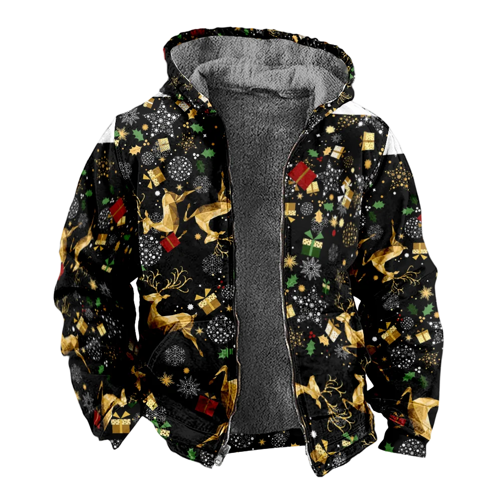 Мужские зимние куртки пальто черная хлопковая одежда с рождественским узором на