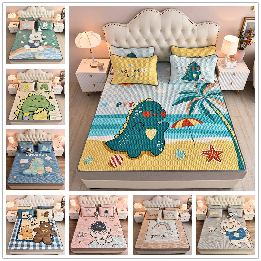 

Cartoon Dinosaur Bed Mattress Cover Silky Latex Cool Summer Bed Sheet Pillowcase Children Summer Sleeping Bed Mat Set Single Bed