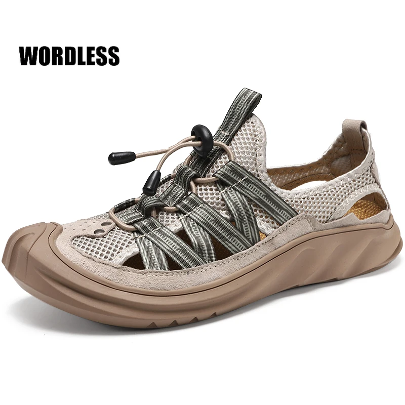 

Мужские повседневные сандалии, дышащая сетчатая мягкая пляжная обувь, без застежки, римские кроссовки, большие размеры 38-48, лето