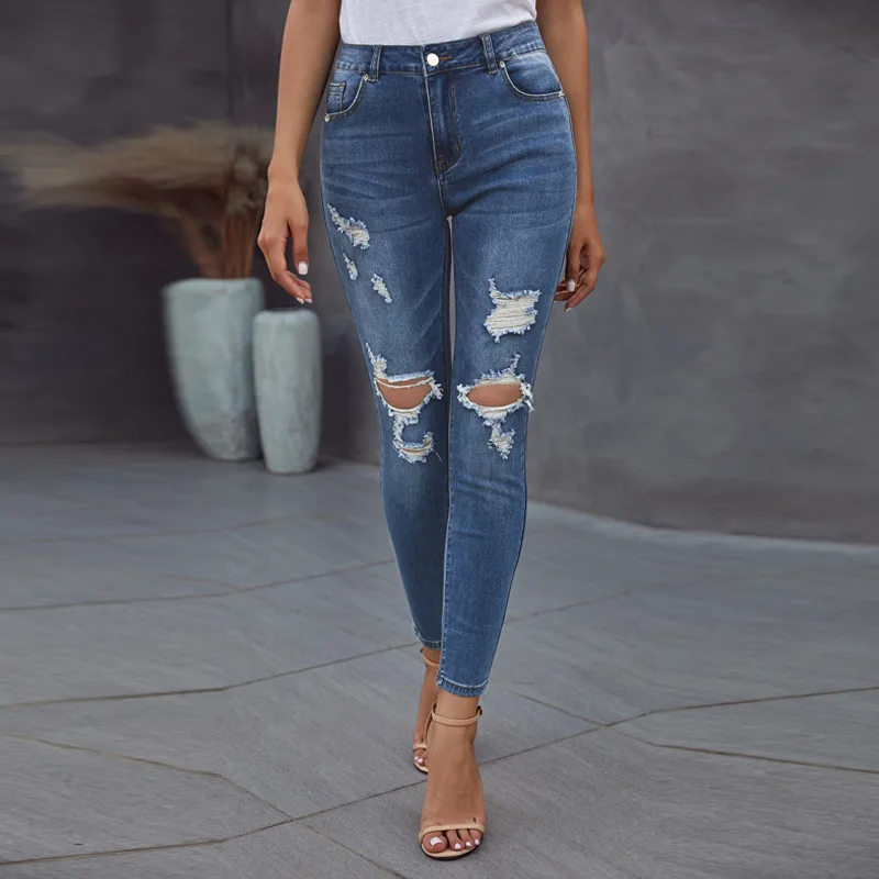 

New Ladies Fashion High Waist Big Ripped Jeans Casual High Street Jeans Sexy Vintage Pencil Jeans