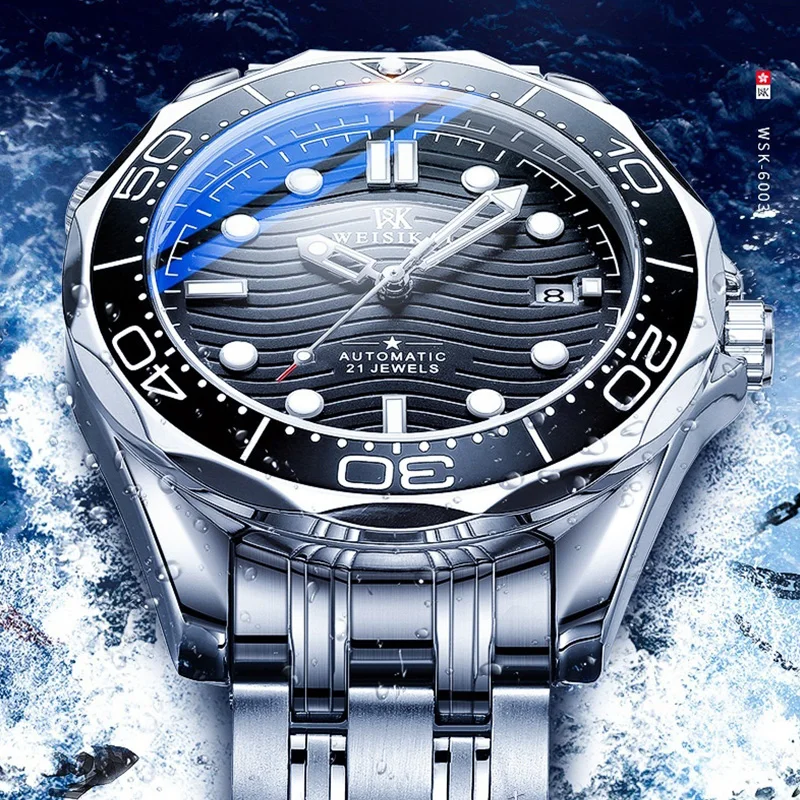 New Dive Mechanical Watch Men Luxury Stainless Steel Automatic Watches Male Classic Business Wave Dial Luminous Wristwatch Man