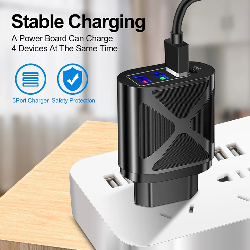 VAORLO 48 Вт 3.1A 3USB + PD Type-C быстрое зарядное устройство 4 порта зарядный кабель EU/US/UK