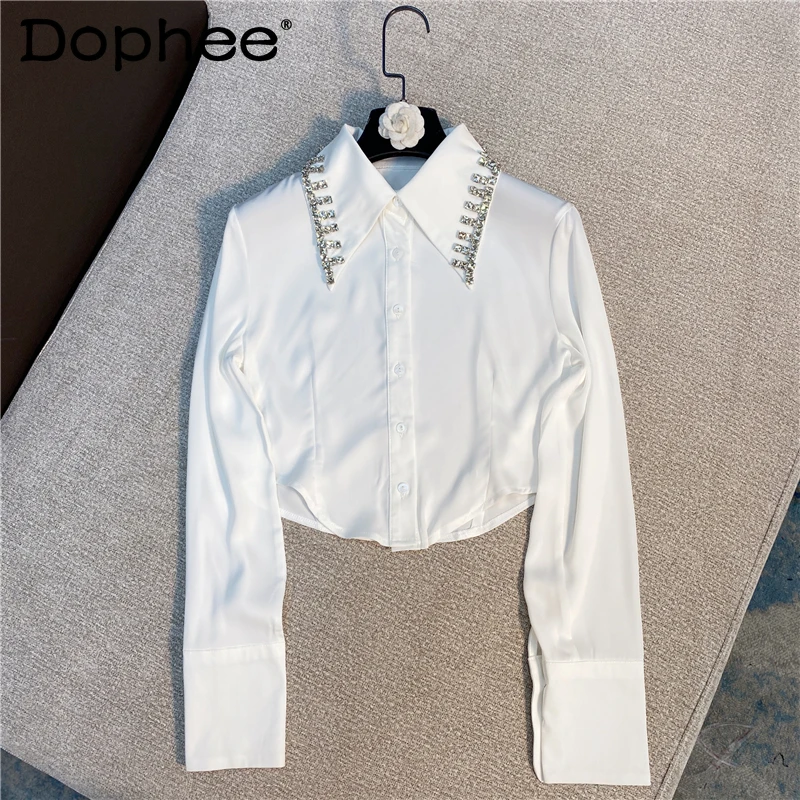 

Heavy Rhinestone Polo Collar Long Sleeve White Short Shirt Women Loose Casual Office Ladies Blouse 2023 Spring Summer New Tops
