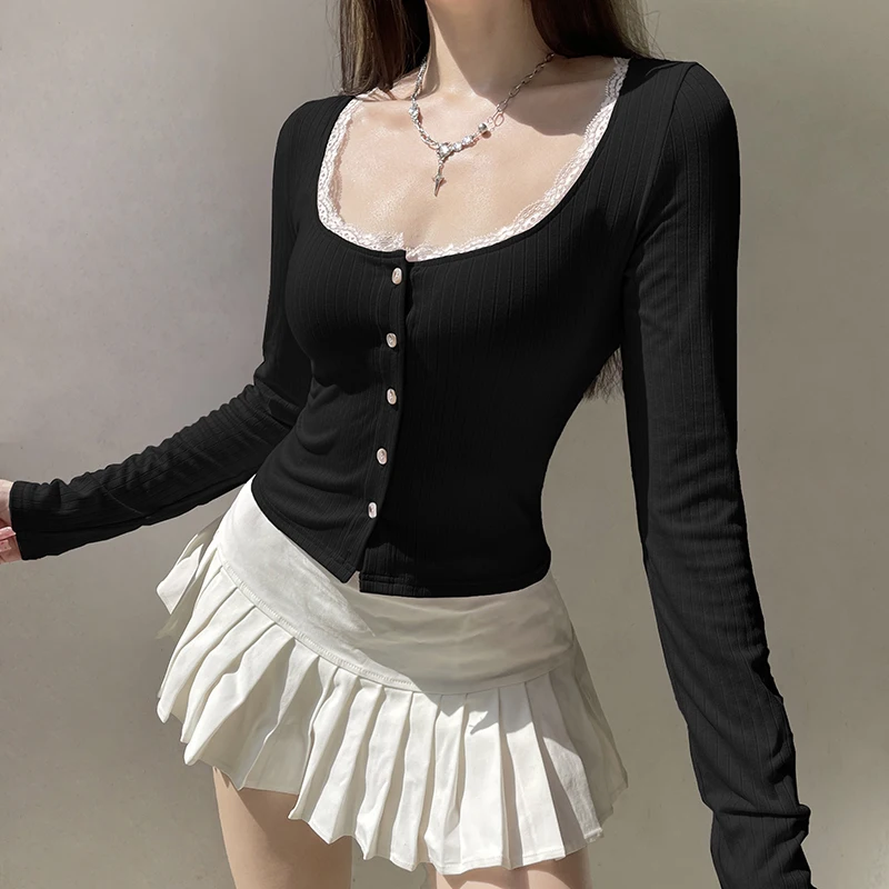 Iamhotty Женская Футболка Y2k С Контрастным Кружевом И Квадратным Вырезом Длинным