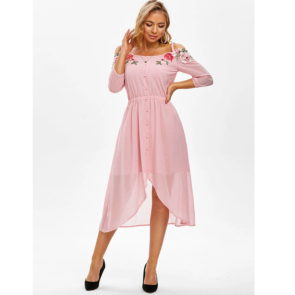 

Women's Dress Flower Applique Cold Shoulder Mock Button Asymmetrical Casual Fashion Flounced Midi Summer Dress 2023