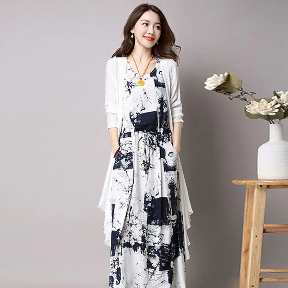 

2 Pcs/Set Dress Cardigan Set Vintage Print Sleeveless Long Dress Set Solid Color Long Cardigan Sleeveless Drawstring Midi Dress