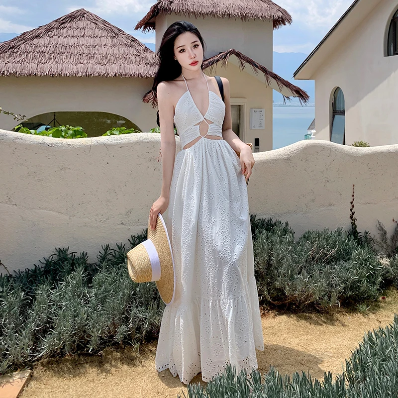 

Sanya Beach Resort Beach Dress Summer New White Strap V-Neck Hollow out Embroidery Open Back Long Dress