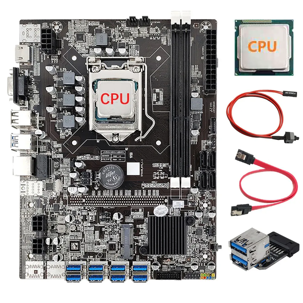 8 GPU B75 BTC/ETH Mining Motherboard+CPU+USB3.0 19/20 Pin Adapter+SATA Cable+Switch Cable 8 USB3.0 LGA1155 DDR3 SATA3.0