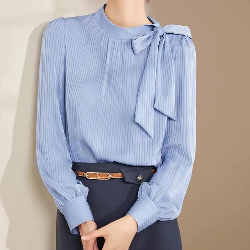 

Autumn Women's Long Sleeve Round Neck Vintage Lantern Sleeve Solid Stripe Commuter Chiffon Shirt Blusas Tops Blouse A283