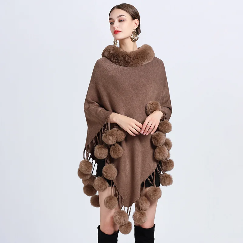 

5 Colors Women Loose Poncho Bottom Pompon Cape Winter Warm Faux Rabbit Fur Neck Cloak Out Street Pullover Shawl Streetwear