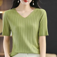 v neck knitted short sleeved t shirt womens sweater pullover western style bottoming simple solid color all match short summer