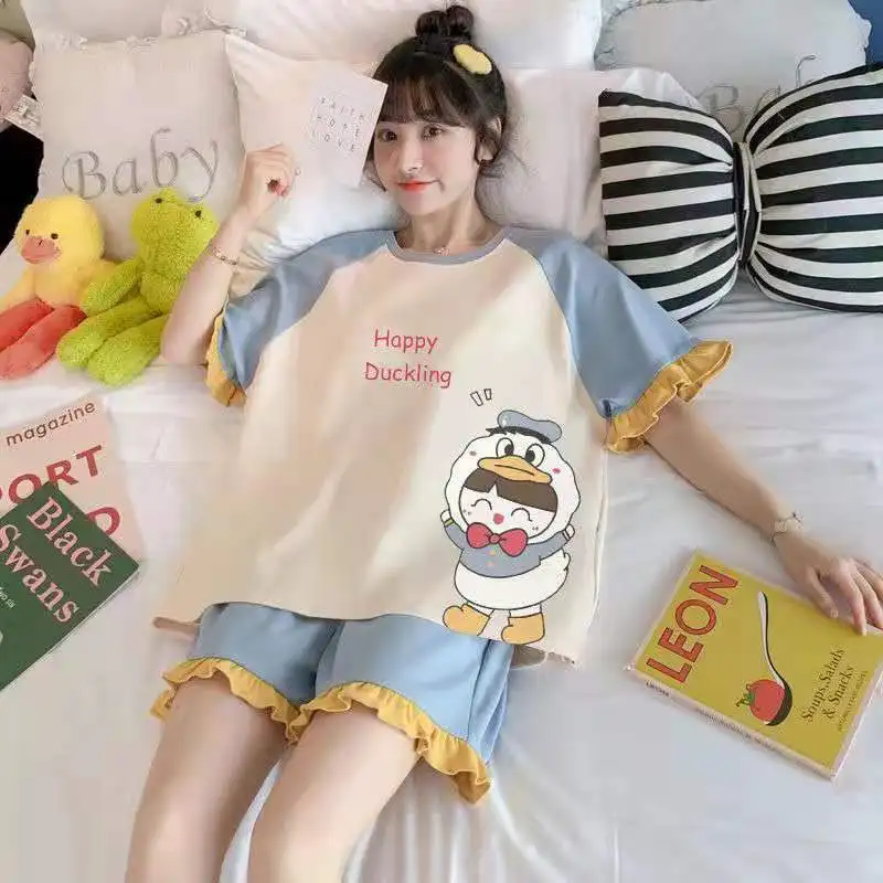 Summer Knitted Cotton Clouds Printing Two Piece Short Sleeved Women Pajamas Sets Pyjamas Ladies Sleepwear Cute Cartoon Pijamas