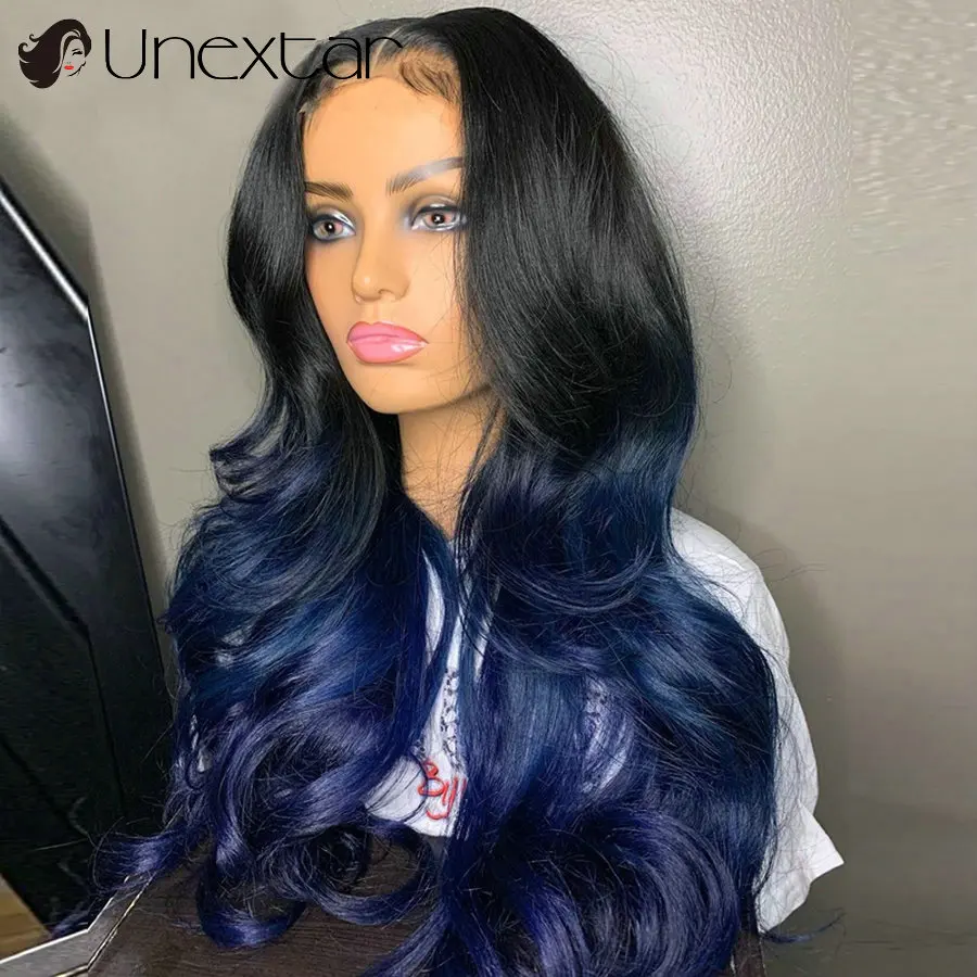 Dark Blue Brazilian Wavy Remy Wig 13x4ombre Blue Lace Front Female Wig 250% Density Transparent Lace Human Hair