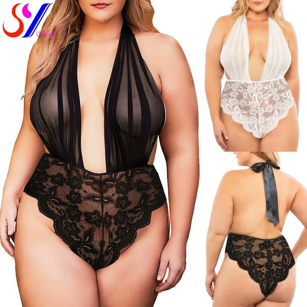 

SY Women Lace Deep V-neck Teddy Bodysuit Halter Backless Jumpsuit Sexy Lingerie Fashion Style Sexy Slutty Clothes Size 5XL 6XL