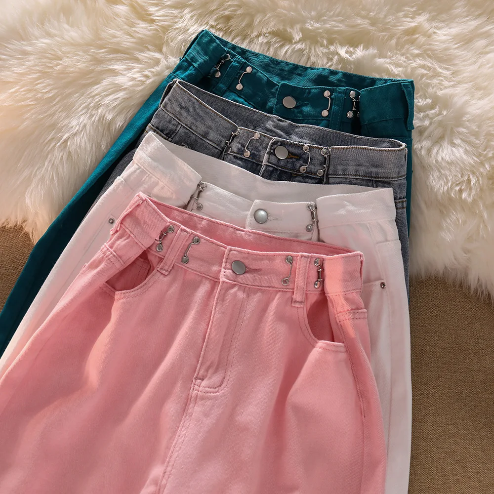 

High Waist Slim Denim Pants for Women 2023 Spring Autumn Fashion Adjustable Waist Full Trousers Casual Loose Straight Jeans