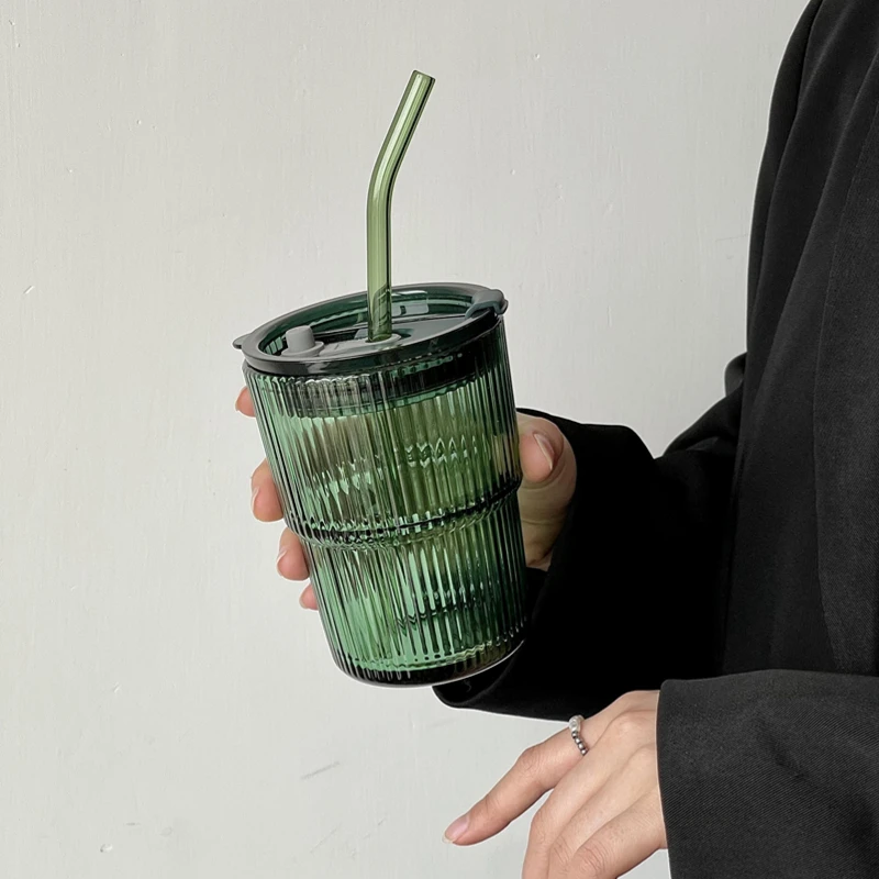 

Green Retro Striped Straw Glass Portable Water Cup Juice Cup Coffee Cup Large Capacity Cup With Lid And Straw Office Home Tools