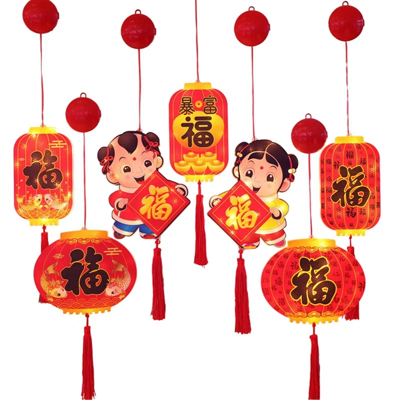 

7PCS LED Light Red Chinese Fortune Hanging Kit Chinese Lantern New Year Pendant Home Decoration Good Luck